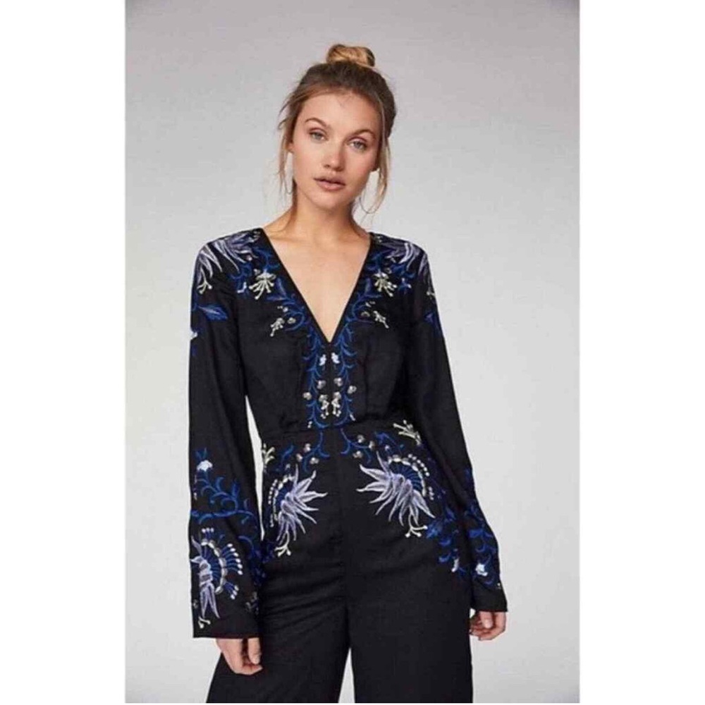 NWT Free People Gypsy Rose jumpsuit floral embroidered cutout wide leg 0